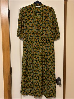 Toast Green Floral Midi Dress with Orange Print